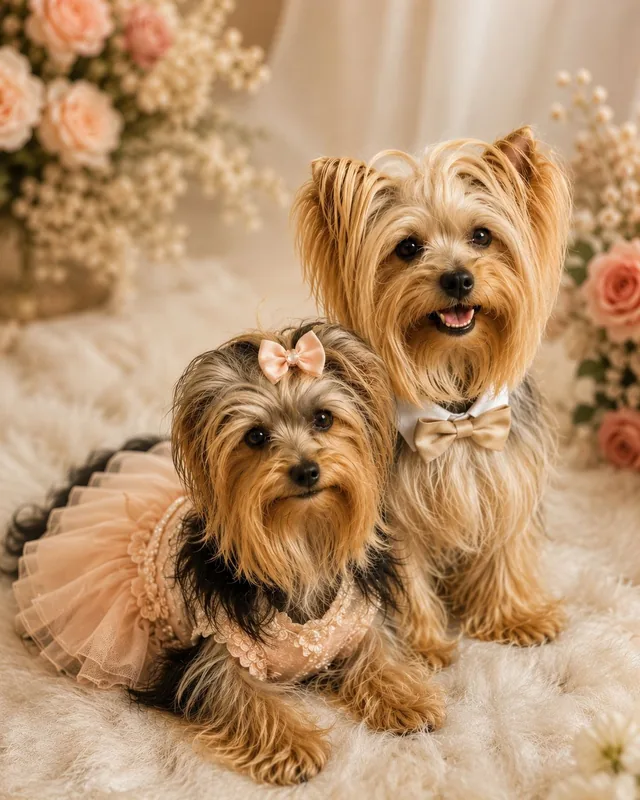 Dois Yorkshire Terriers em ensaio fotográfico — um com vestidinho rosa, outro com gravata bege, ilustrando o cuidado e a personalidade única de cada animal